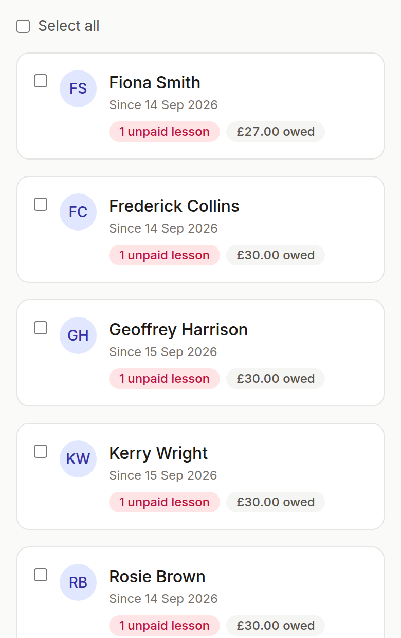 Late payers list on a phone: each card shows a student's initials, name, unpaid lessons and amount owed