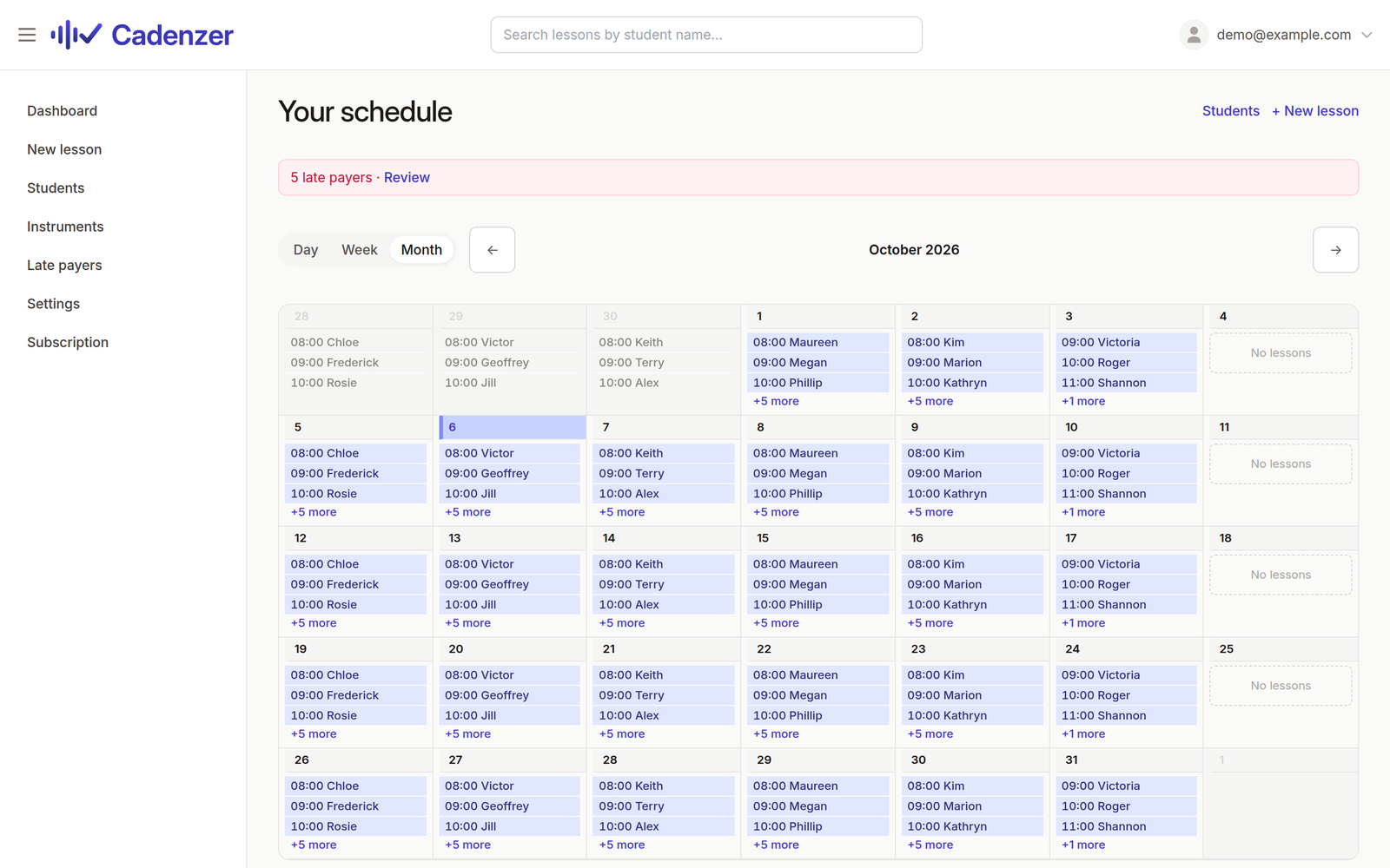 Cadenzer's month calendar for a busy teacher, with a banner showing five late payers to review