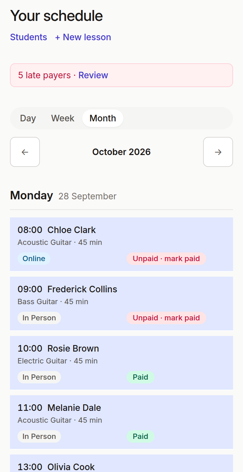 Cadenzer's schedule on a phone: each lesson shows the student, instrument, in-person or online, and a Paid or Unpaid chip